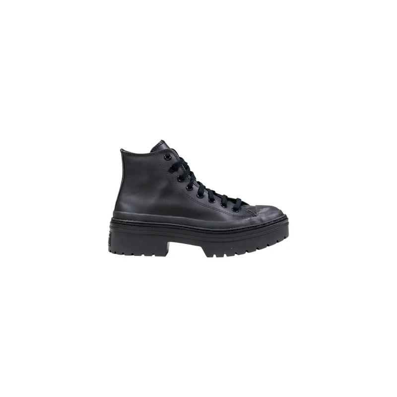 Converse women leather platform ankle boots in black featuring glossy leather high-top design with chunky rubber sole