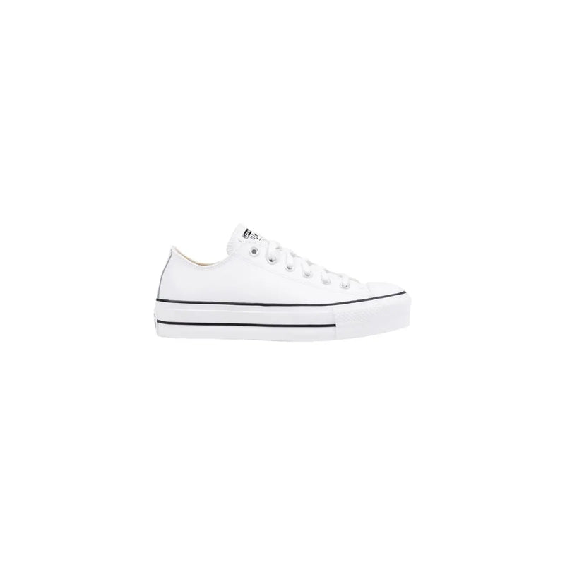 Converse women leather platform sneakers in white with black stitching and a classic low-top design