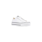 White converse women leather platform sneaker with black stitching and classic canvas upper front view