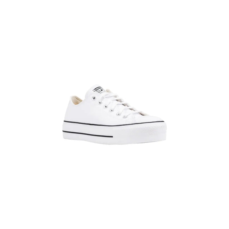 White converse women leather platform sneaker with black stitching and classic canvas upper front view