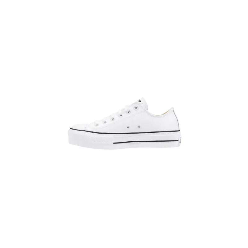 Converse women leather platform sneakers in white featuring black stitching and a rubber sole