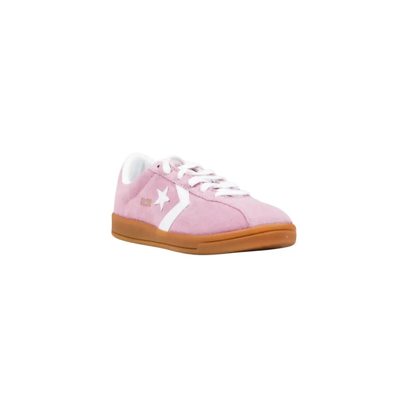 Converse women leather sneakers pink classic ox featuring pink suede, white star and stripe, and tan rubber sole