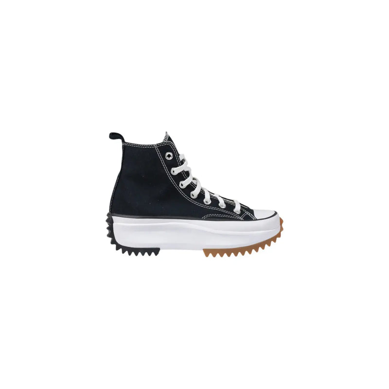 Converse women platform sneakers in black fabric with white laces thick white midsole and rugged brown outsole
