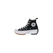Black fabric Converse women platform sneakers high-top with white laces and gum-colored toe cap rubber sole