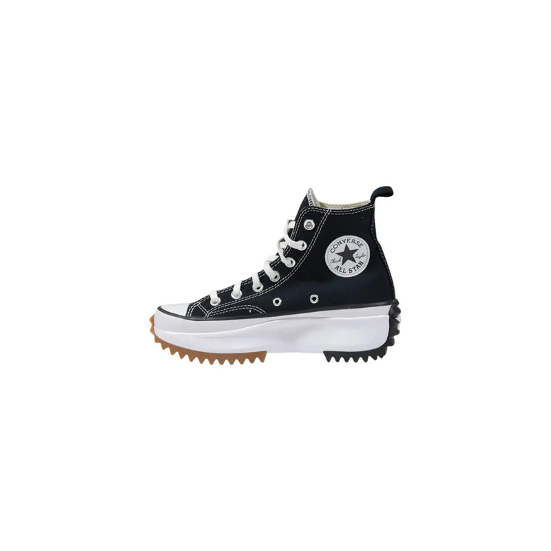 Black fabric Converse women platform sneakers high-top with white laces and gum-colored toe cap rubber sole