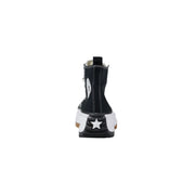 Back view of black fabric converse women platform sneakers with white star heel and contrasting white stitching