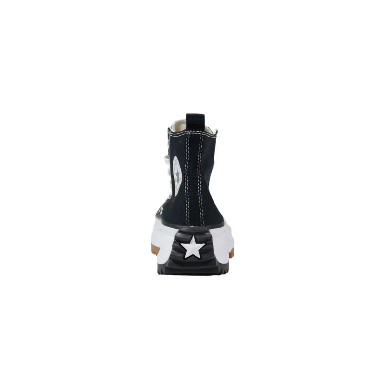 Back view of black fabric converse women platform sneakers with white star heel and contrasting white stitching