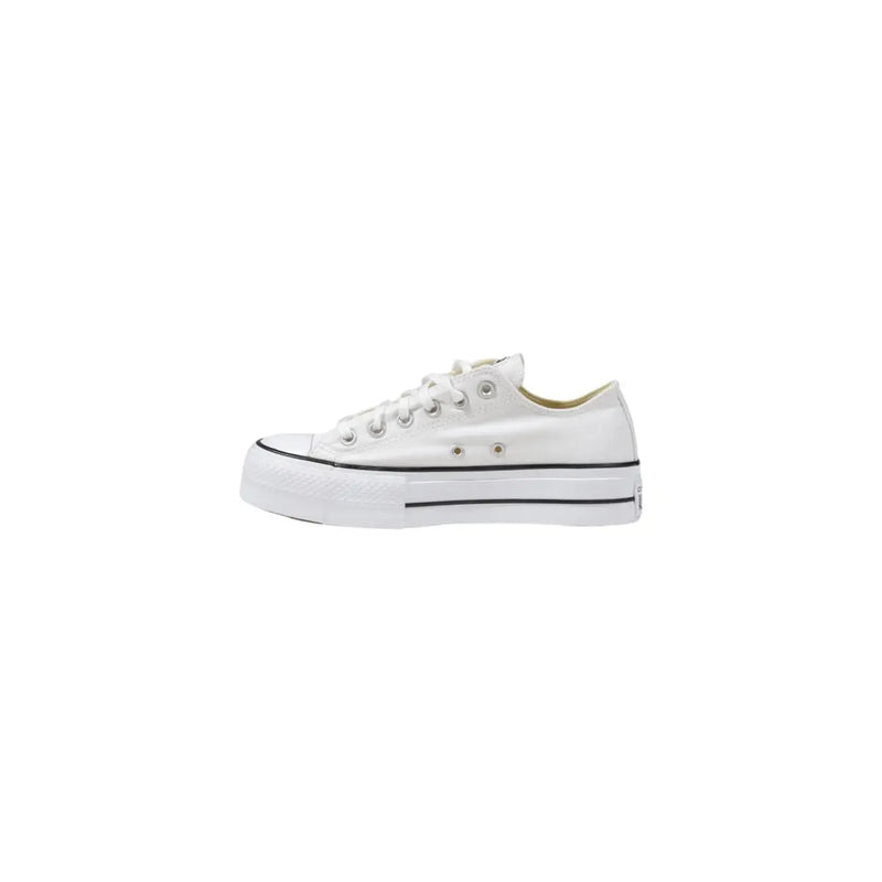 Converse women platform sneakers white fabric with white canvas upper black rubber sole and classic stitching details