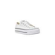 Converse women platform sneakers in white fabric with black rubber sole and laces featuring canvas material