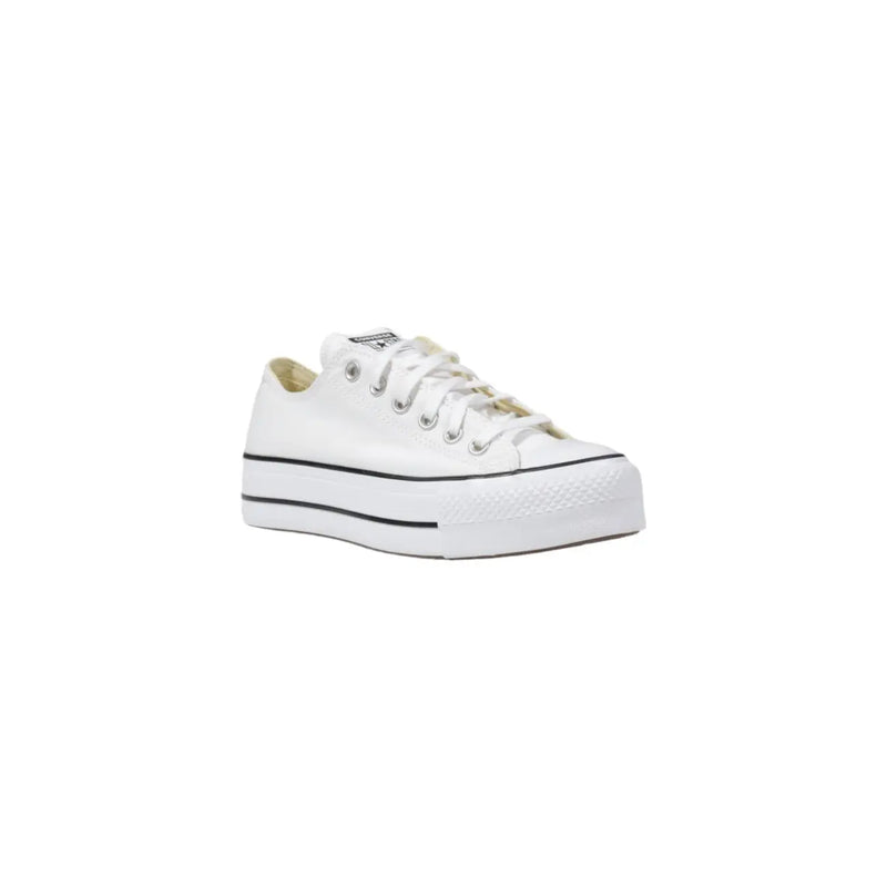 Converse women platform sneakers in white fabric with black rubber sole and laces featuring canvas material