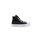 Converse women sneakers black canvas high-top with white laces and thick white rubber sole for casual wear