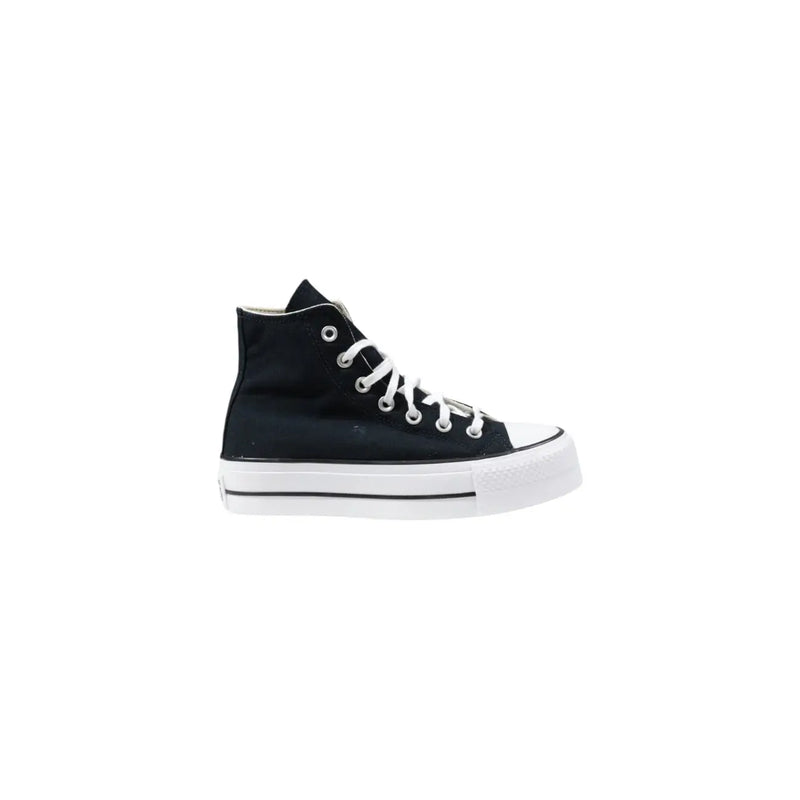Converse women sneakers black canvas high-top with white laces and thick white rubber sole for casual wear
