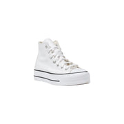 White high-top converse women sneakers with platform black rubber sole and classic stitching details in textile material