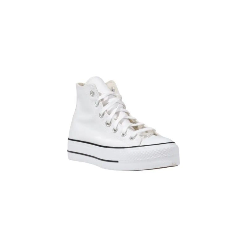 White high-top converse women sneakers with platform black rubber sole and classic stitching details in textile material