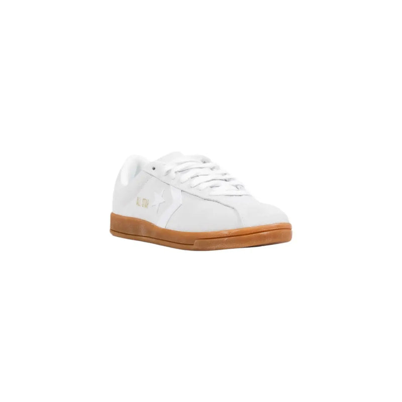 Converse women suede sneakers white low-top with tan rubber sole and gold logo detailing in leather material
