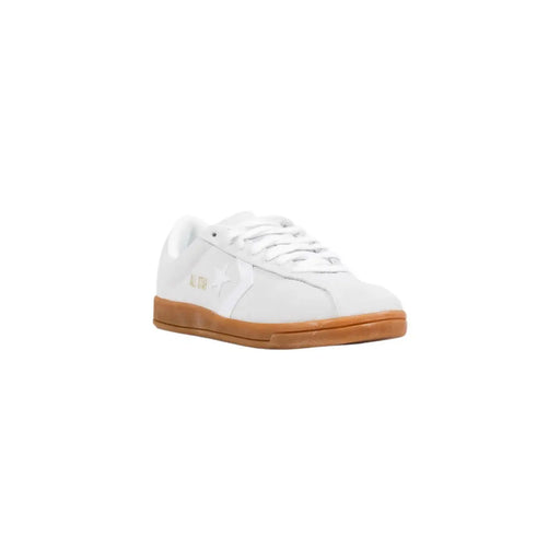 Converse weiße Damen-Sneaker aus Wildleder, niedrigtop mit hellbrauner Gummisohle und goldfarbenen Logo-Details aus Leder