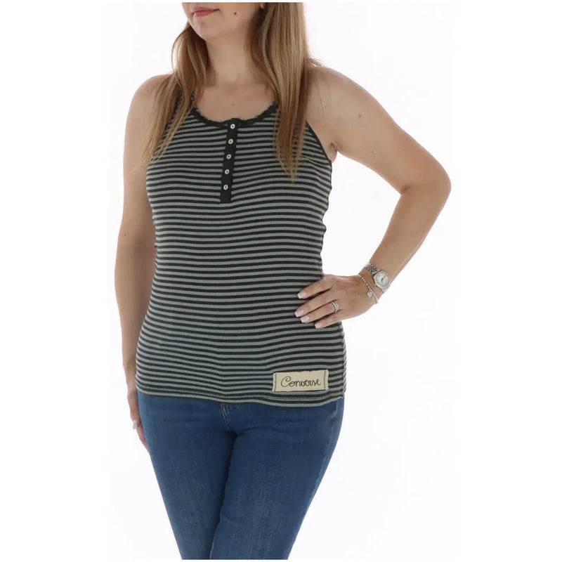 Converse Frauenpanzer top Ärmelloses, schwarz-grau gestreiftes Henley-Shirt aus Baumwolle mit Knopfleiste