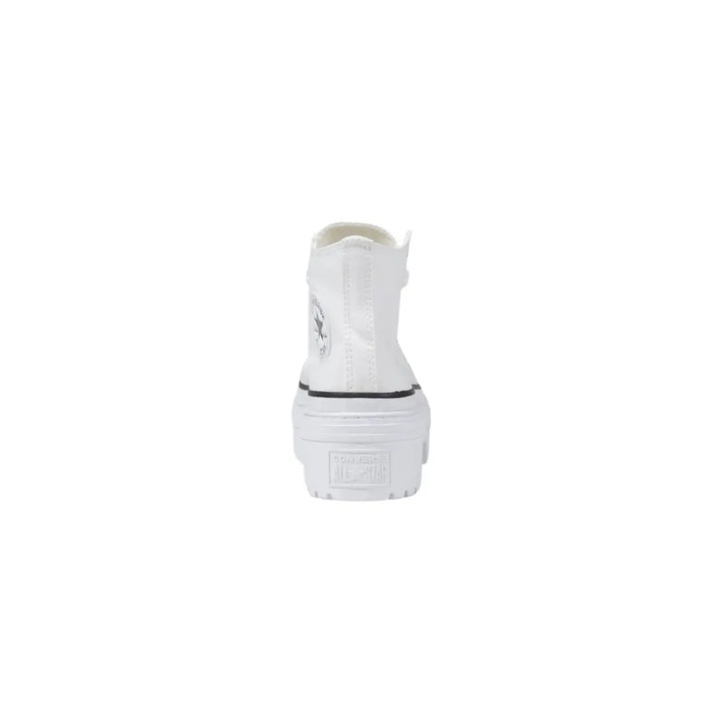 Converse women white fabric chuck taylor sneakers with chunky platform sole and black rubber trim in high-top style