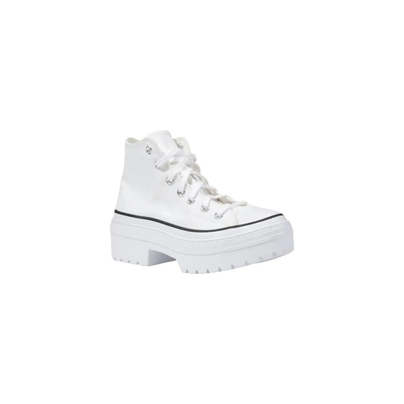 Converse Women white fabric Chuck Taylor high-top platform sneaker with glossy finish and black stitching along sole