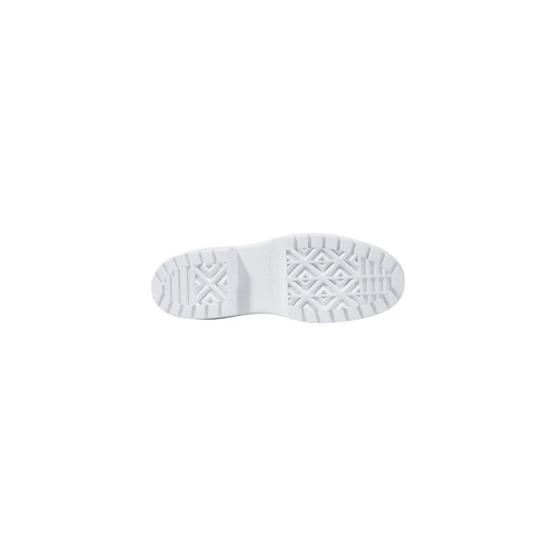 Converse women white fabric chuck taylor sneakers featuring a white rubber sole with geometric tread and embossed branding
