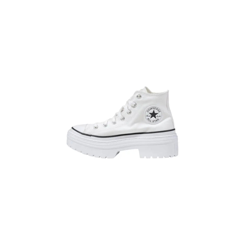 White fabric converse women chuck taylor high-top sneaker with chunky platform sole and black stitching details