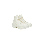 Converse women white leather platform boots featuring cream-colored high-top sneakers with smooth leather and matching laces