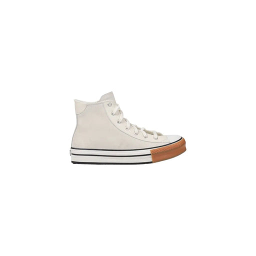 Converse Weiße Damen-Plateau-Sneaker aus Leder mit cremefarbenem Absatztop Design und hellbraune Gummizehenkappe mit schwarzen Streifen