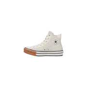 Converse women white leather platform sneakers featuring off-white canvas high-top design with gum rubber sole and black stitching