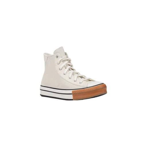 cremefarben Converse Weiße Damen-Plateau-Sneaker aus Leder mit hellbrauner Gummikappe und schwarzen Streifendetails