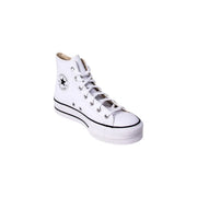 Converse women white polyurethane platform high-top sneakers with white canvas upper black rubber sole and star logo