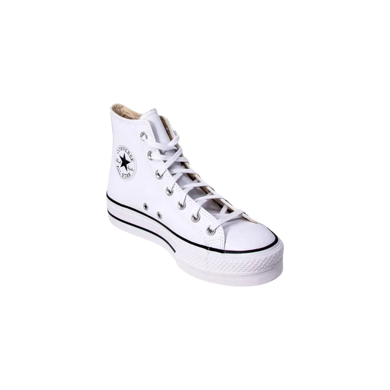 Converse women white polyurethane platform high-top sneakers with white canvas upper black rubber sole and star logo