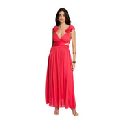 A coral polyester v neck maxi dress with straps featuring ruffled shoulder details and a pleated skirt
