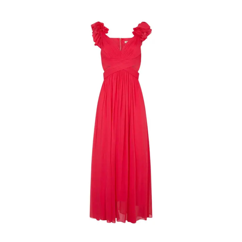 A vibrant red coral polyester maxi dress with ruffled off-the-shoulder sleeves and a draped bodice