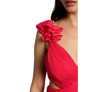 Coral polyester v neck dress with straps featuring a vibrant coral pink one-shoulder design with ruffles and pleated bodice