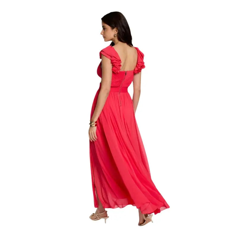 Coral polyester v neck maxi dress with flowing fabric ruffled cap sleeves and visible back zipper detail