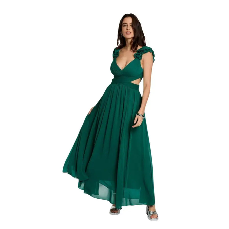 Smaragdgrünes Chiffon-Maxikleid mit Rüschenträgern und ausgeschnittenem Bund