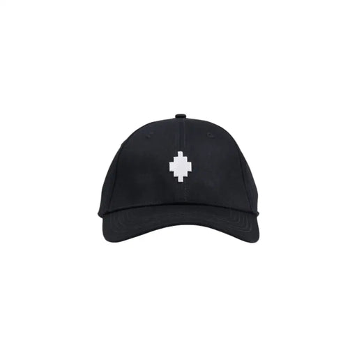Black baseball cap with white pixelated cross design, adjustable strap.