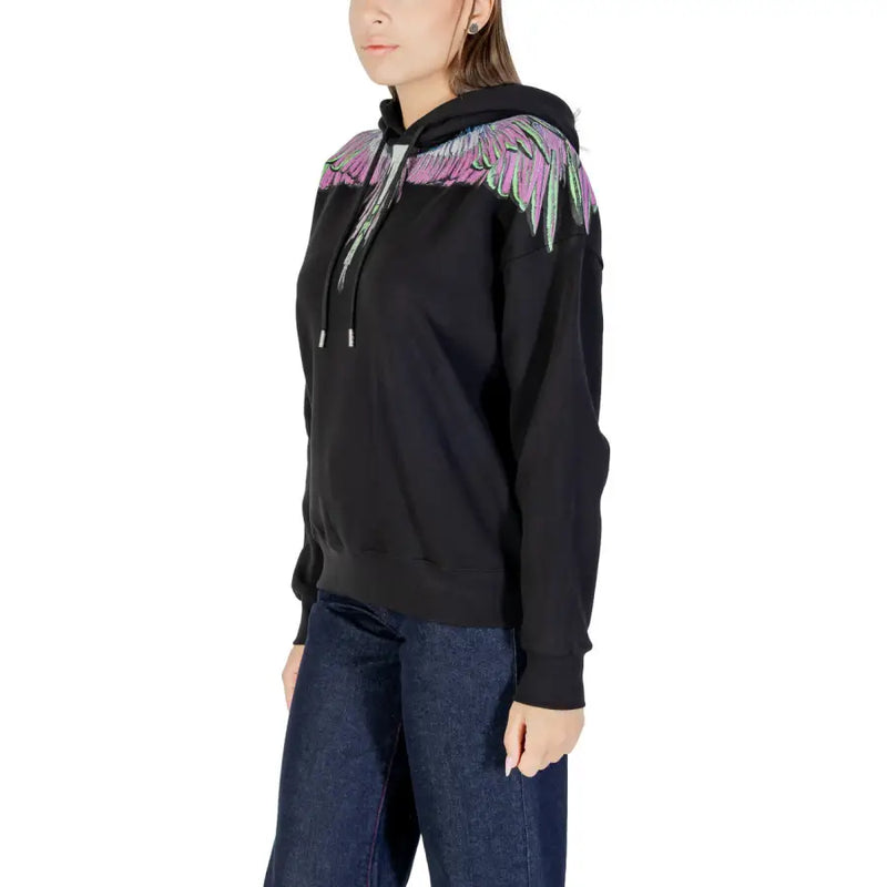 Black cotton hooded sweatshirt for women by County Of Milan with vibrant multicolored wing embroidery on the back