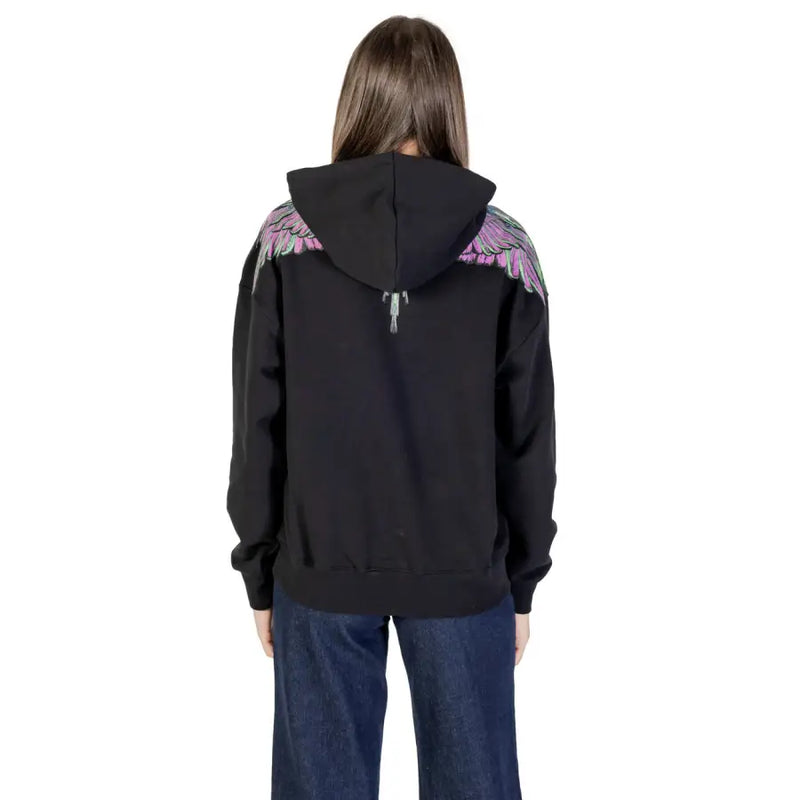 County of milan black cotton hooded sweatshirt for women with vibrant purple and pink embroidered wings on the back shoulders