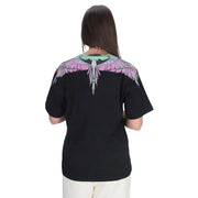 County of Milan black cotton women’s round neck t-shirt with vibrant multicolored wing graphic
