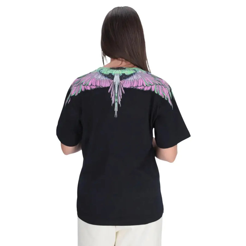 County of Milan black cotton women’s round neck t-shirt with vibrant multicolored wing graphic