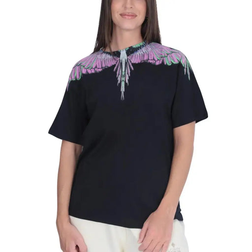 County of Milan black cotton women’s round neck t-shirt with purple teal wing graphic