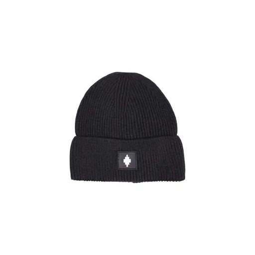 Black beanie with white logo, ribbed texture and folded brim.