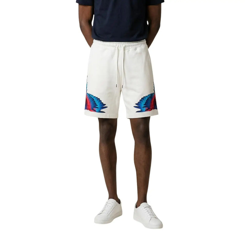 Baumwollshorts der Marke County of Milan für Herren in Weiß mit blauen und roten Flügelmotiven an den Seiten, Vorderansicht