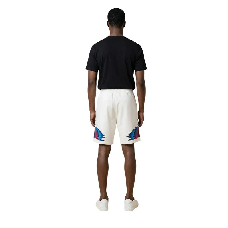 Baumwollshorts der Marke County of Milan für Herren in Weiß mit blauen und violetten Vogelmotiven an den Unterschenkeln, Vorderansicht