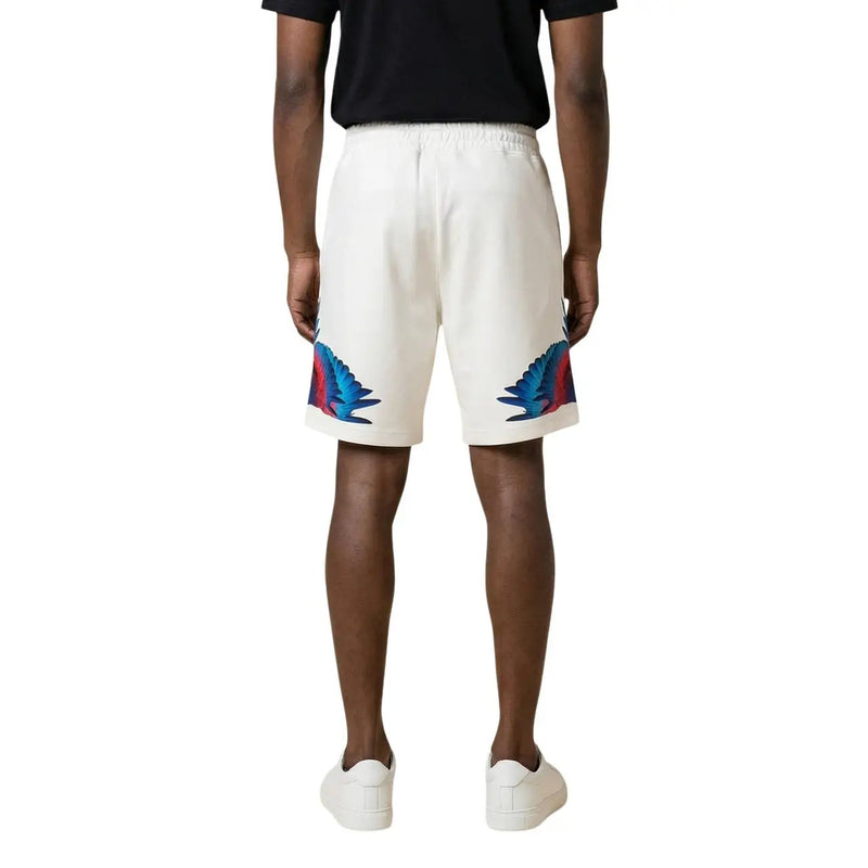 Baumwollshorts der Marke County of Milan für Herren in Weiß mit blauen und roten Flügelmotiven an den Seiten, Seitenansicht