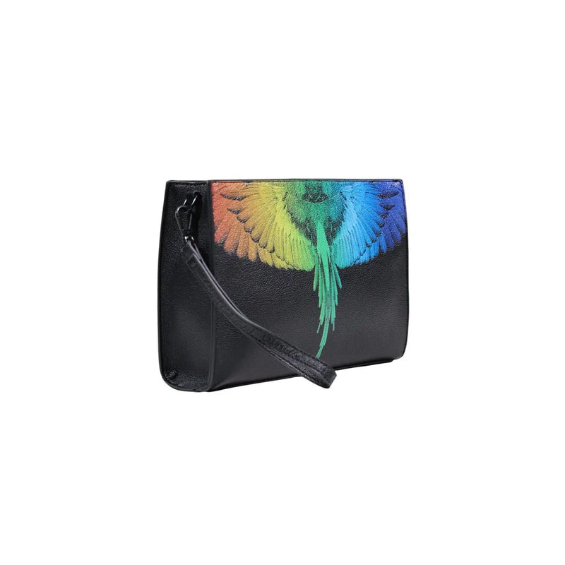 Schwarze Clutch aus Kunstleder von County Of Milan mit einem leuchtenden, regenbogenfarbenen Flügeldesign, Maße: 26 x 19 x 7 cm