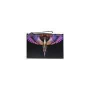 Schwarze Herren-Clutch aus Kunstleder von County of Milan mit leuchtend schillerndem, geflügeltem Vogelmotiv in Lila, Rosa und Orange.