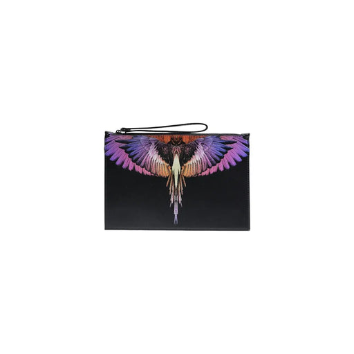 Schwarze Herren-Clutch aus Kunstleder von County of Milan mit leuchtend schillerndem, geflügeltem Vogelmotiv in Lila, Rosa und Orange.