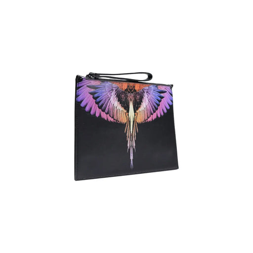Schwarze Herren-Handtasche aus Kunstleder mit Mailänder Motiv, 30 x 20 cm, mit leuchtend schillerndem, geflügeltem Vogelmotiv in Lila, Rosa und Orange.